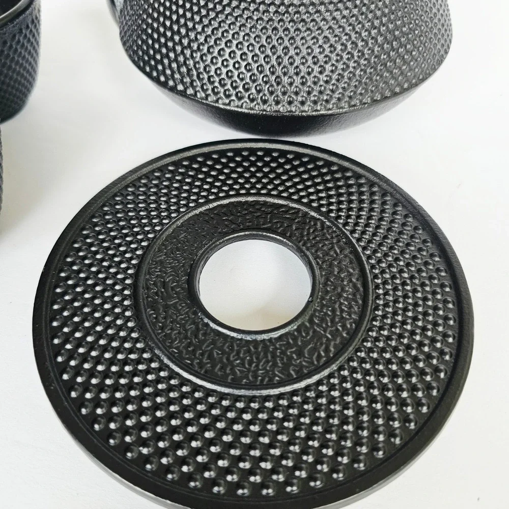 Black Cast Iron Hobnail Teapot Set 2 Cups Trivet Japanese Tetsubin Style Zen NIB